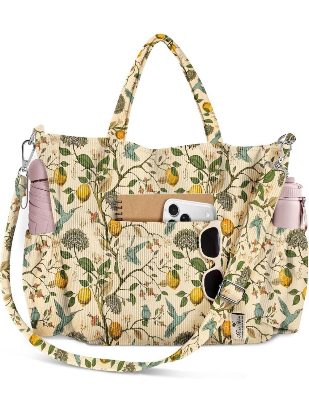 Women's Lemon Bird Corduroy Crossbody Tote Multi Pocket Travel Bag